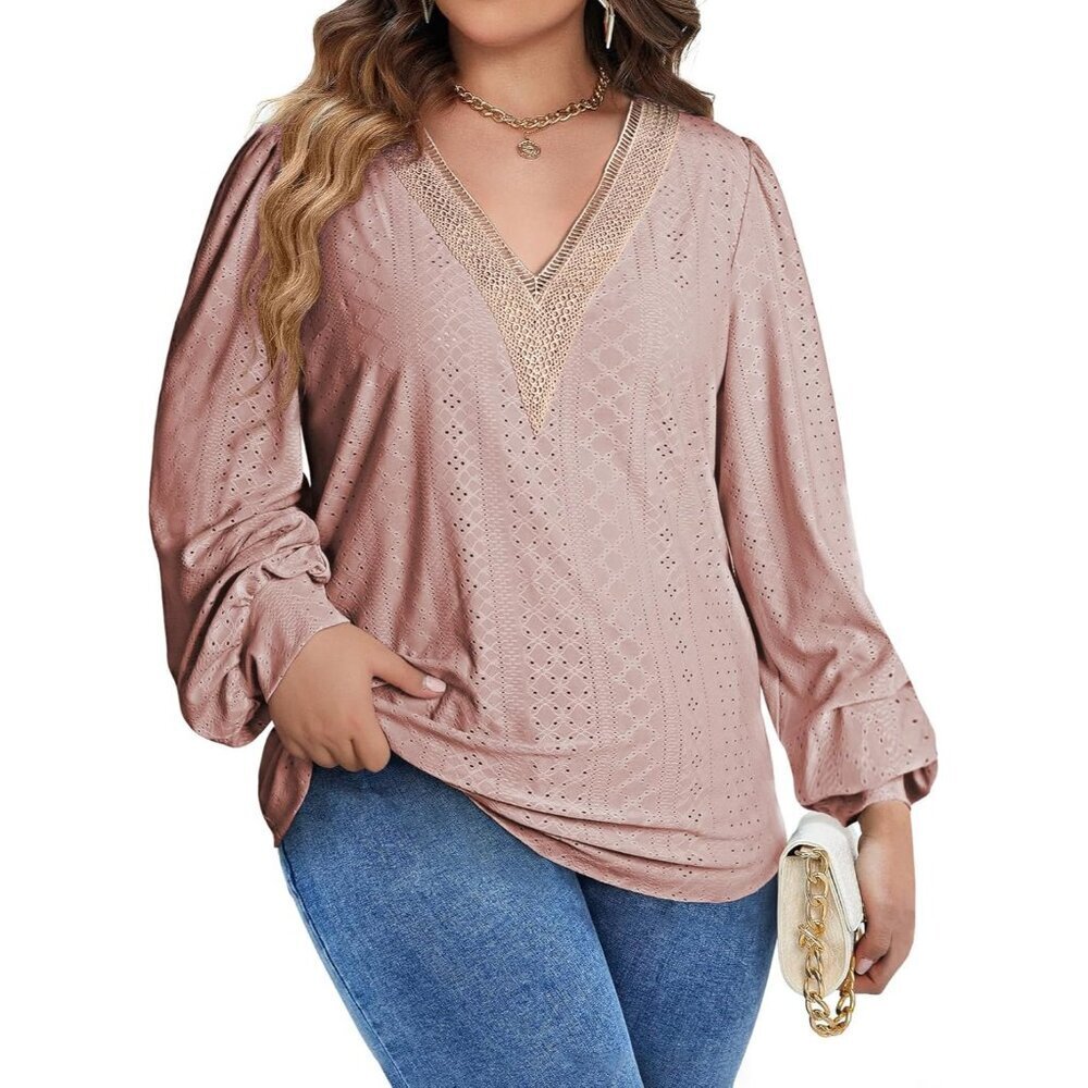 Plus Size Womens Long Sleeve Lace V Neck Blouse Casual Dressy Top
